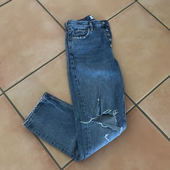 Blue Denim Distressed High Waisted Button Straight Leg Jeans - Agolde - Size 25 - Picture 7 of 8